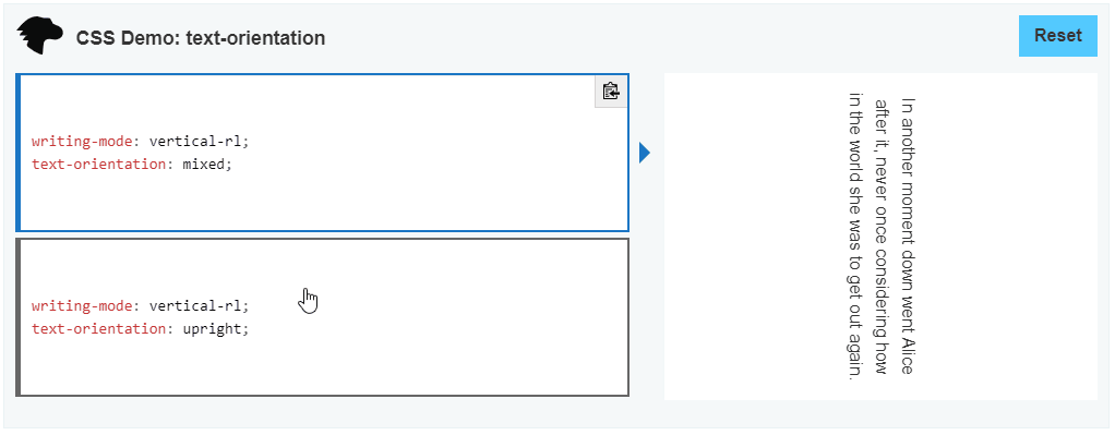Example of difference between mixed and upright orientation