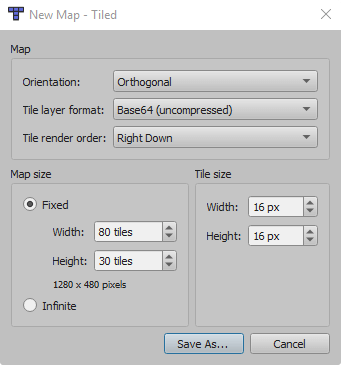 Create a new map in tiled