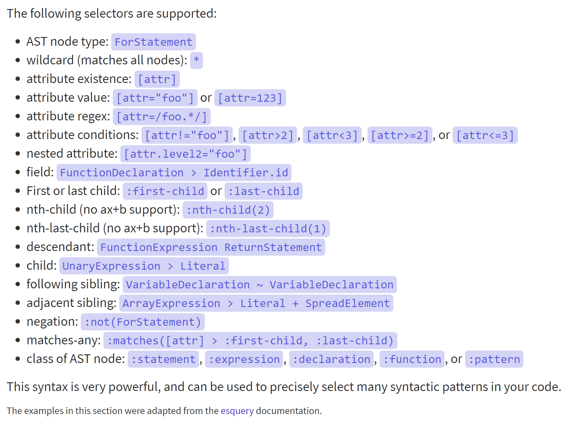 The supported AST selectors in ESLint
